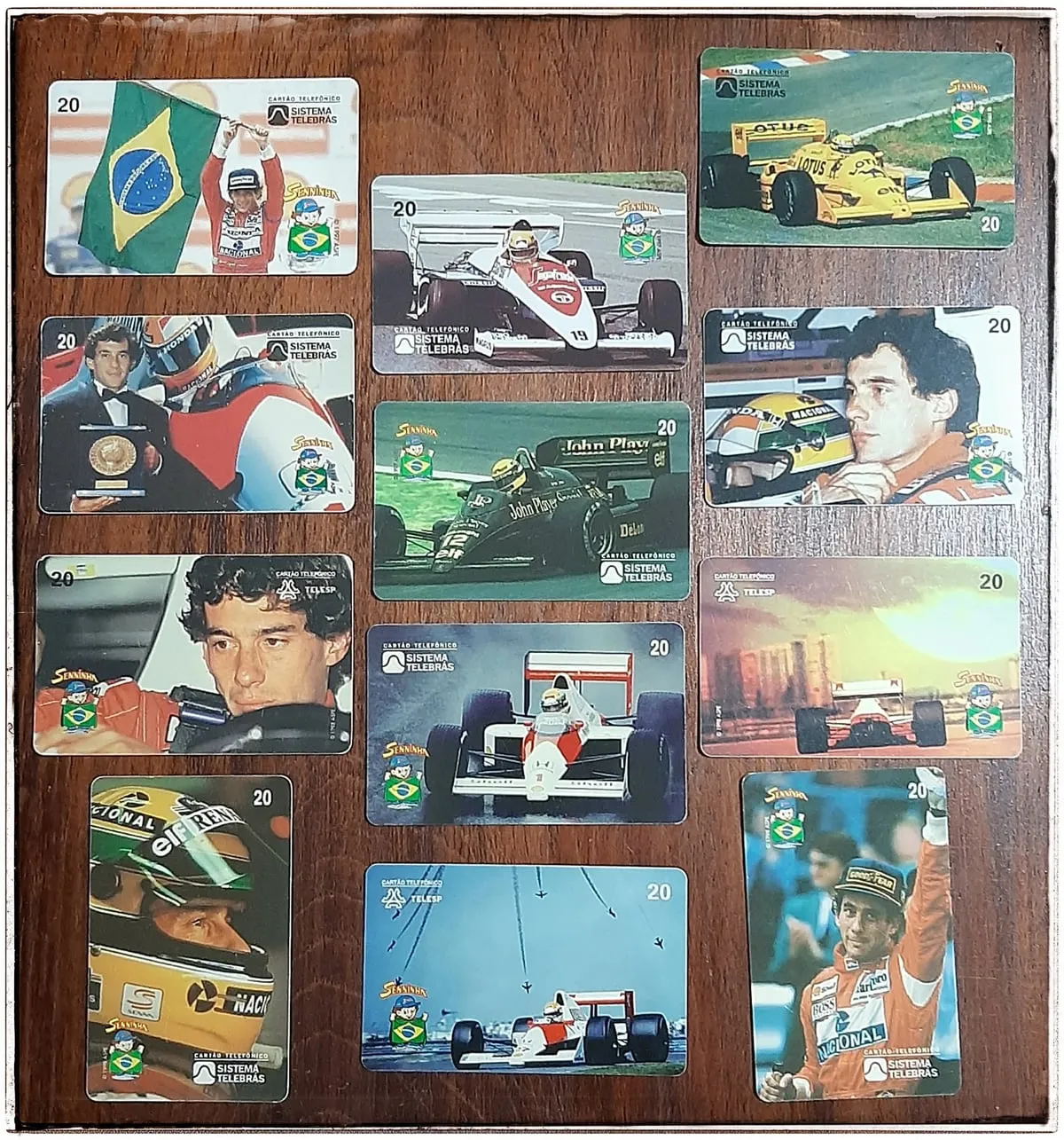 Coleção Sistema Telebrás dedicada a Ayrton Senna, com cartões temáticos da carreira